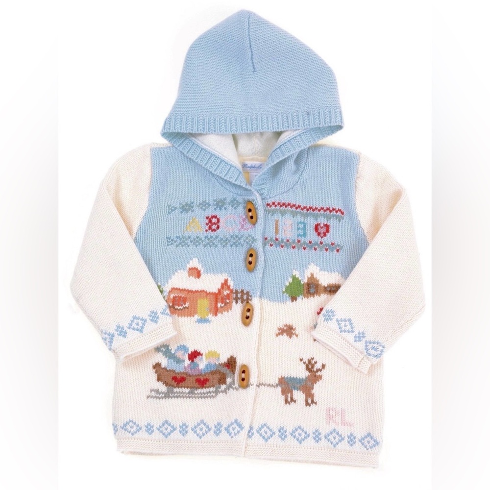 Ralph Lauren Rare Baby Sweater Hooded Wool Knit Cardigan Winter Scene Intarsia